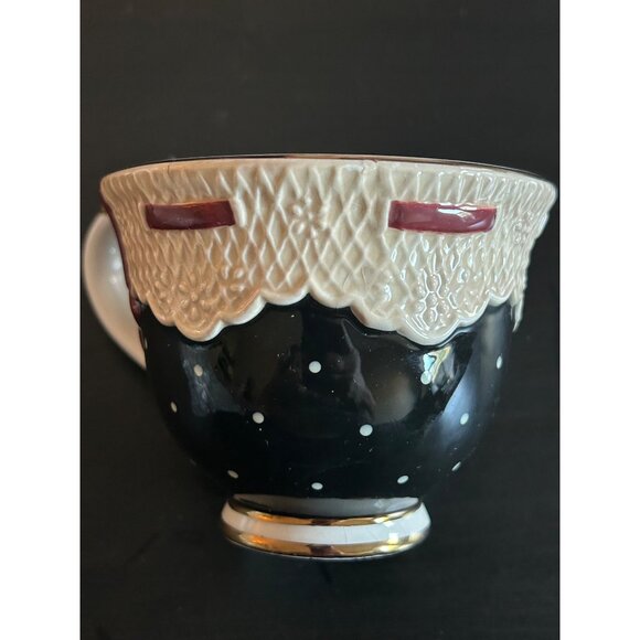 Sandy Clough Claudette Cup & Saucer Set Black & White Polka Dots Lace Detailing - Picture 11 of 12